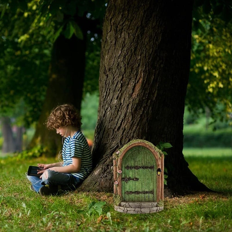 Wentoenapp Green Fairy Door, Wooden Miniature Fairy Garden Doors Outdoor Mini Fairy Gnome House Accessories for Tree Trunk Ornaments Garden Miniatures, Fairy Doors for Trees Outdoor, Gnome Door for Tree Trunk - Image 3